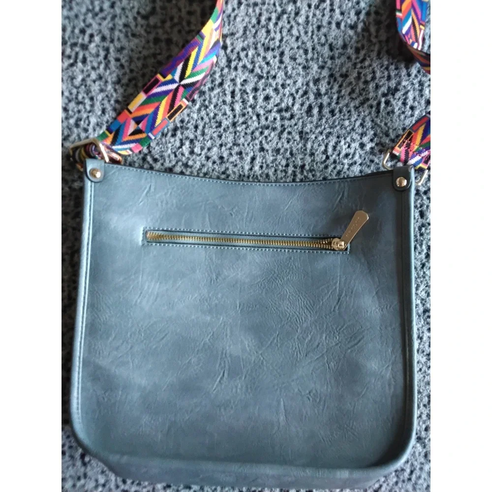 HKCLUF Gray Blue Vegan Leather Crossbody Bag- Colorful Geometric Guitar Strap